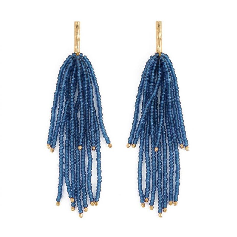 Marissa Brass + Bead Fringe Earrings Blue