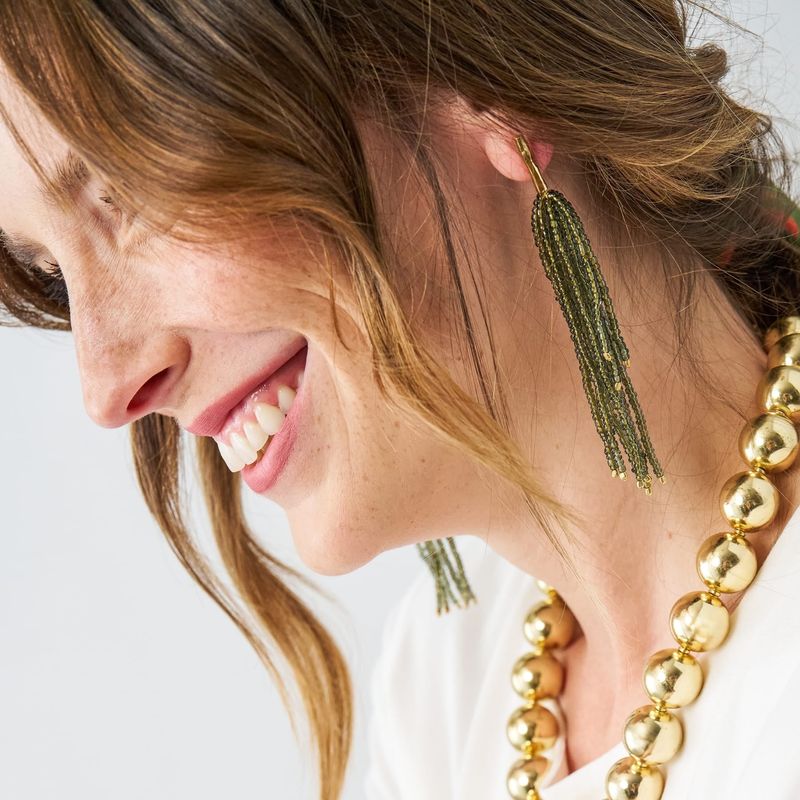 Marissa Brass + Bead Fringe Earrings Blue