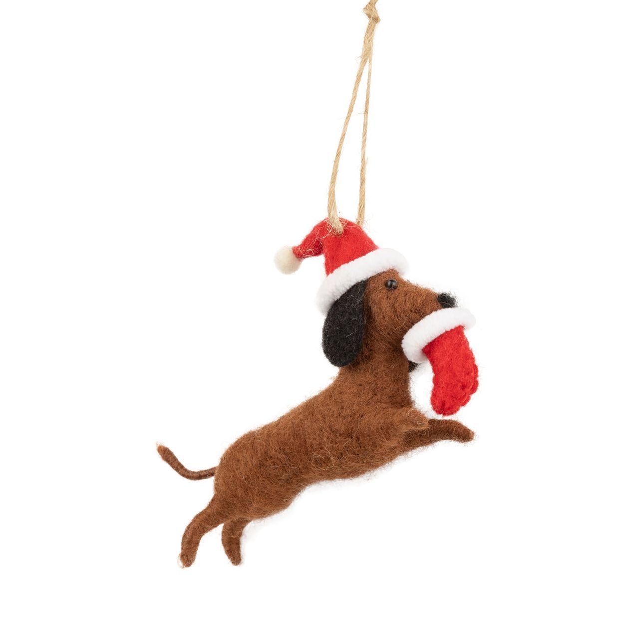 Felt Ornament Brown Dog Wearing a Santa Hat w/ Stocking