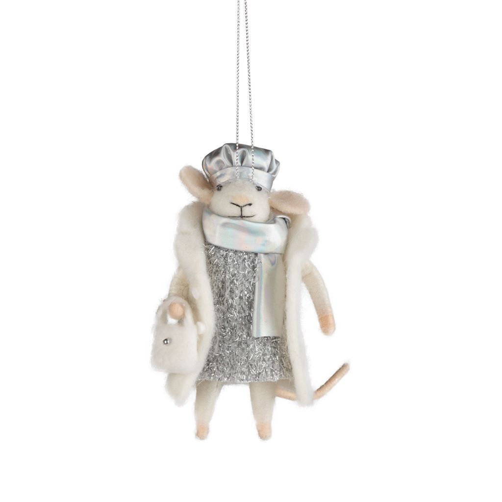 Felt Ornament Mouse with Silver Dress and White Coat
