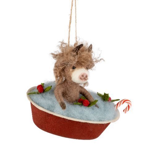 Felt Ornament Bubble Bath Highland Cow with Holly and Candy Cane