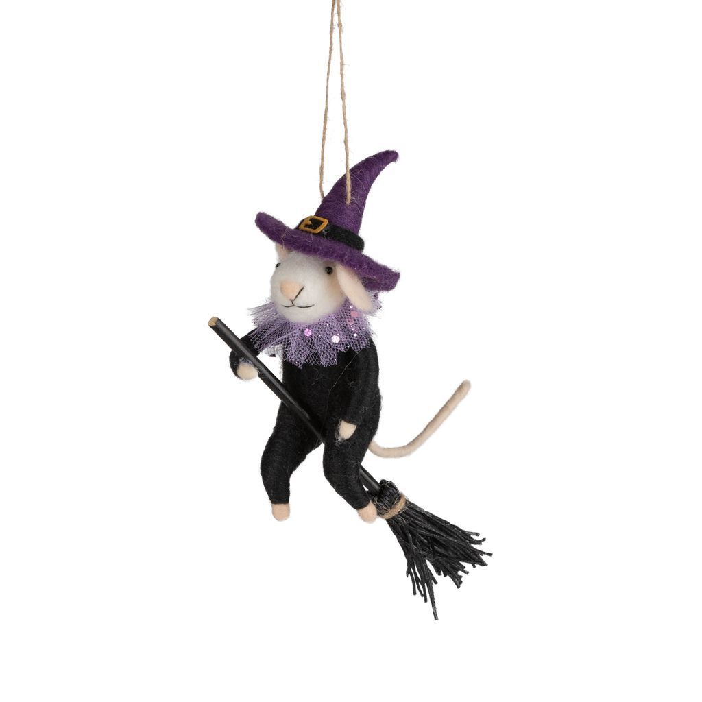 Felt Ornament Mouse in Witch Costume On Broom