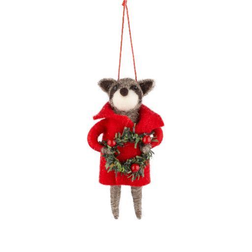 Felt Ornament Raccoon in Red Felt Coat with Wreath