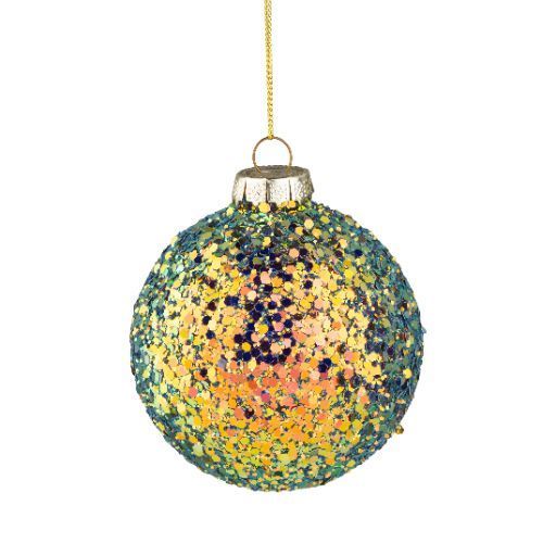 Glass Ornament Iridescent Glitter Ball 3in Blue, Green, Gold