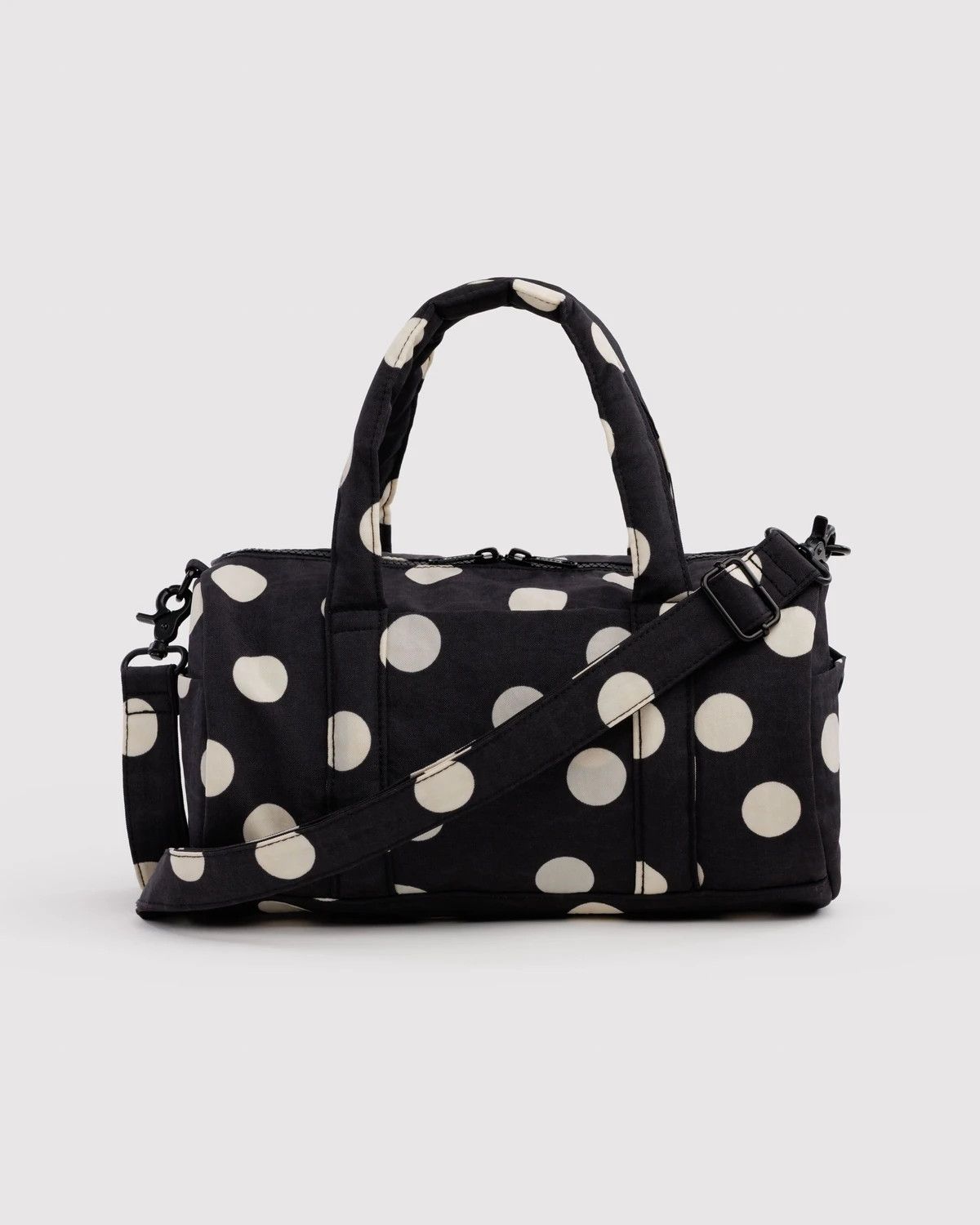 Nylon Duffle Bag Black and Cream Polka Dot