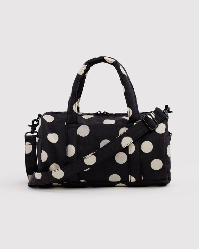 Nylon Duffle Bag Black and Cream Polka Dot
