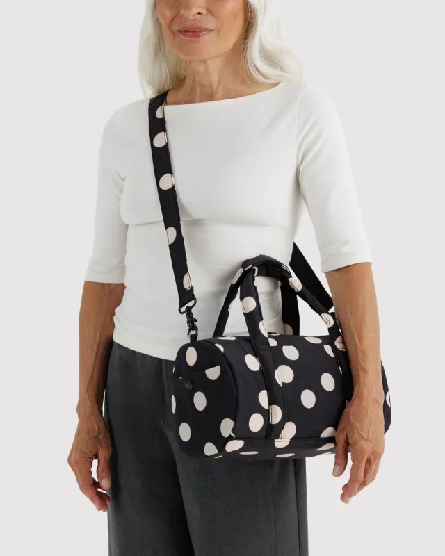 Nylon Duffle Bag Black and Cream Polka Dot