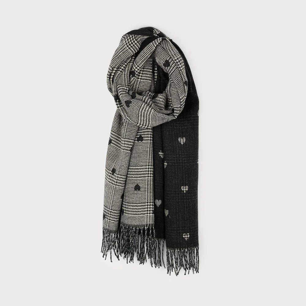 Scarf Large Warm Plaid With Hearts Light Grey and Black