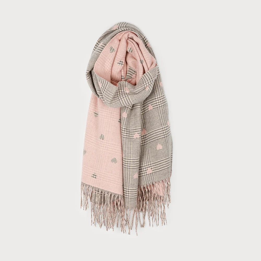 Scarf Large Warm Plaid With Hearts Light Pink and Grey