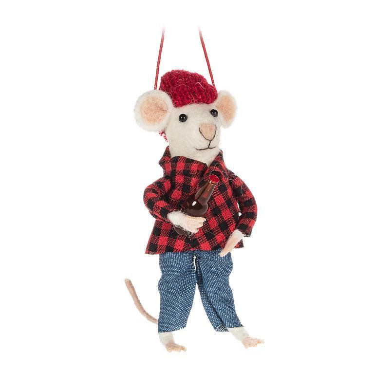 Felt Ornament Check Shirt &amp; Toque Mouse with Beer