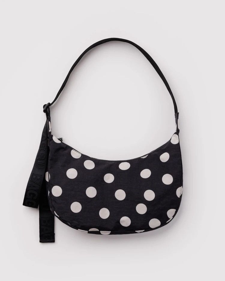 Medium Nylon Crescent Bag Black and Cream Polka Dot