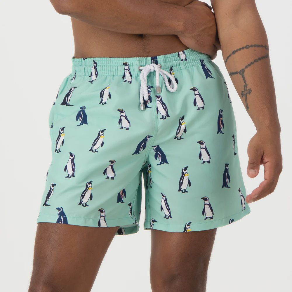 Mid-Length Swim Shorts | Penguins / Mint, Colour: Mint, Size: S