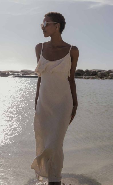 Lila Rose Long Frilly Slip dress, Colour: Stone linen, Size: S