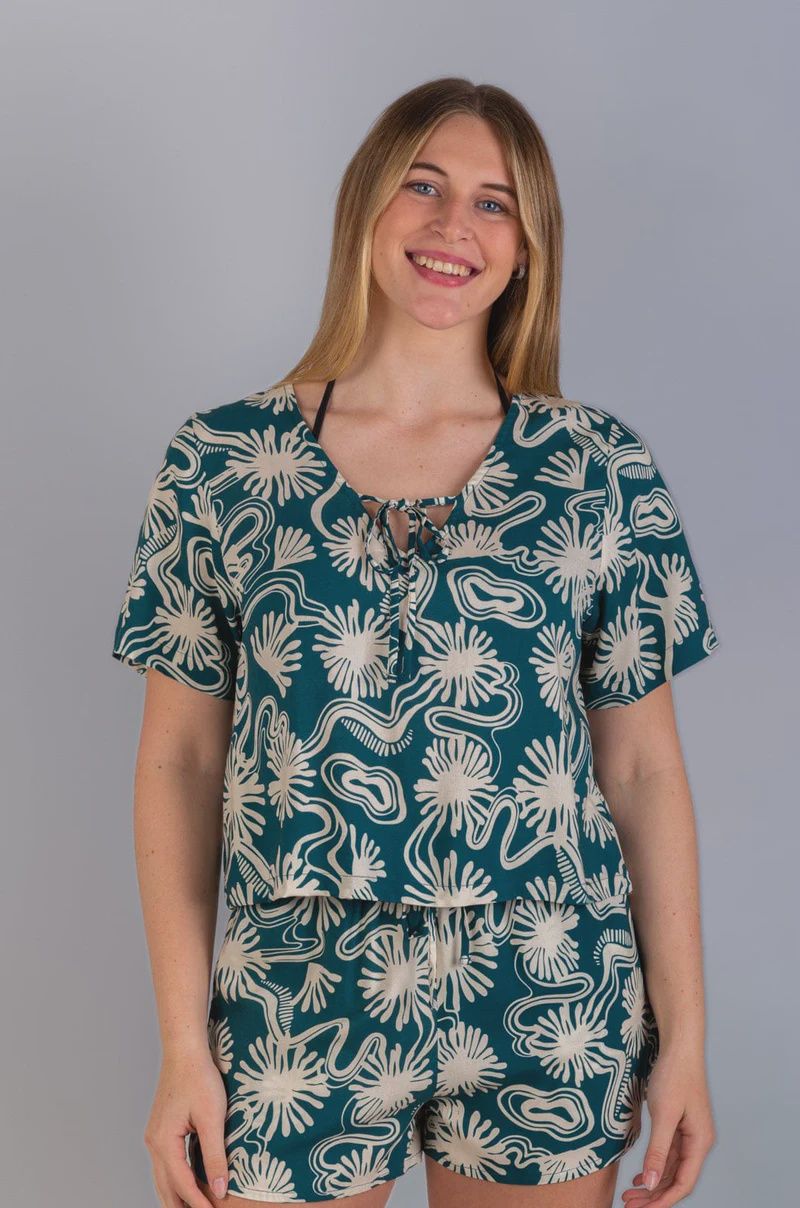 Lizzy Ululani - Ladies S/S Blouse, Colour: Teal Resort, Size: S