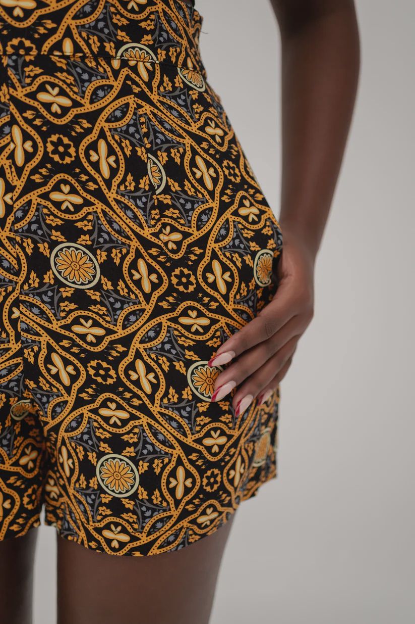 #Sunseed Threads Acacia High Waist Shorts, Colour: Cafe Med Print, Size: S