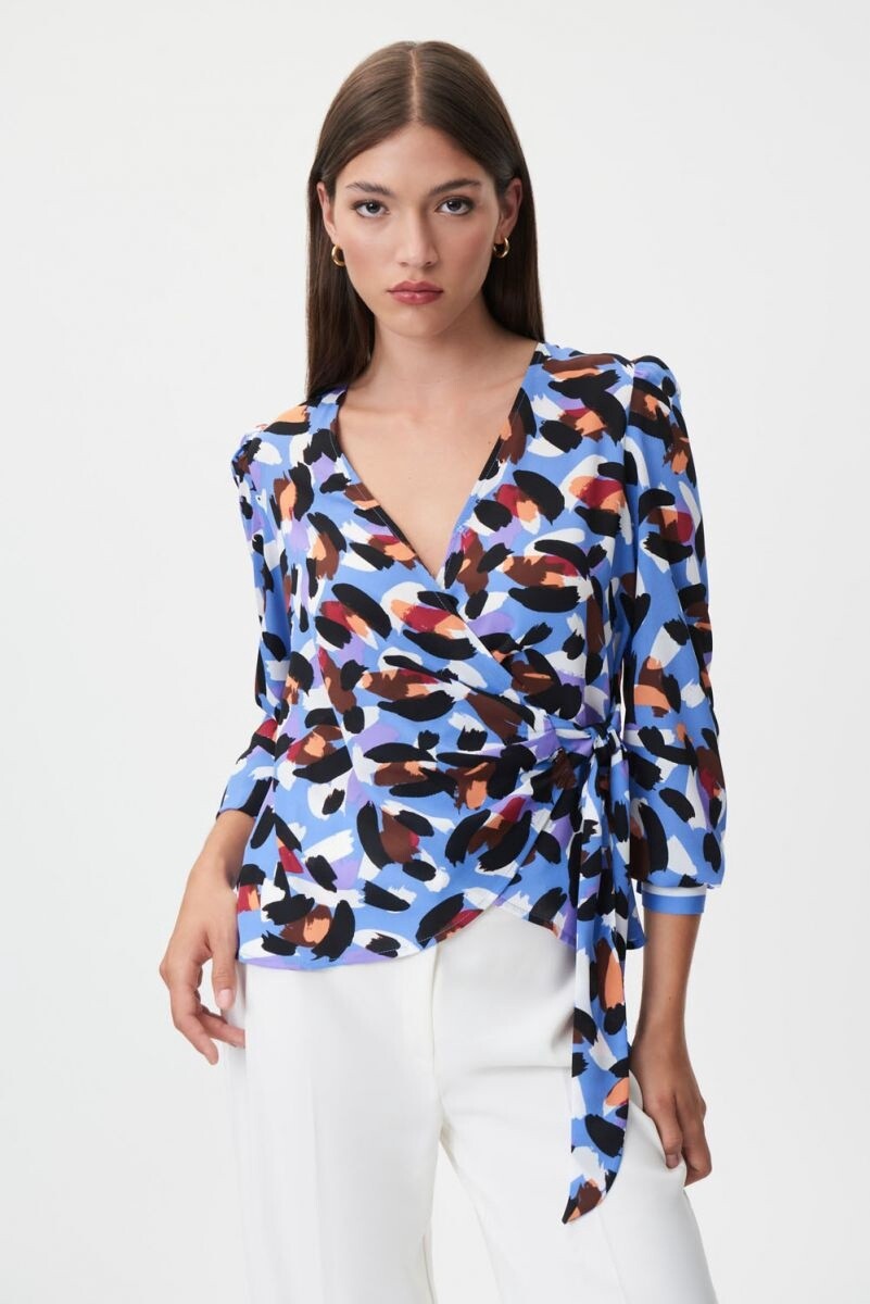 Joseph Ribkoff Blue/ Multi Animal Print Georgette Wrap Blouse, Size: 6