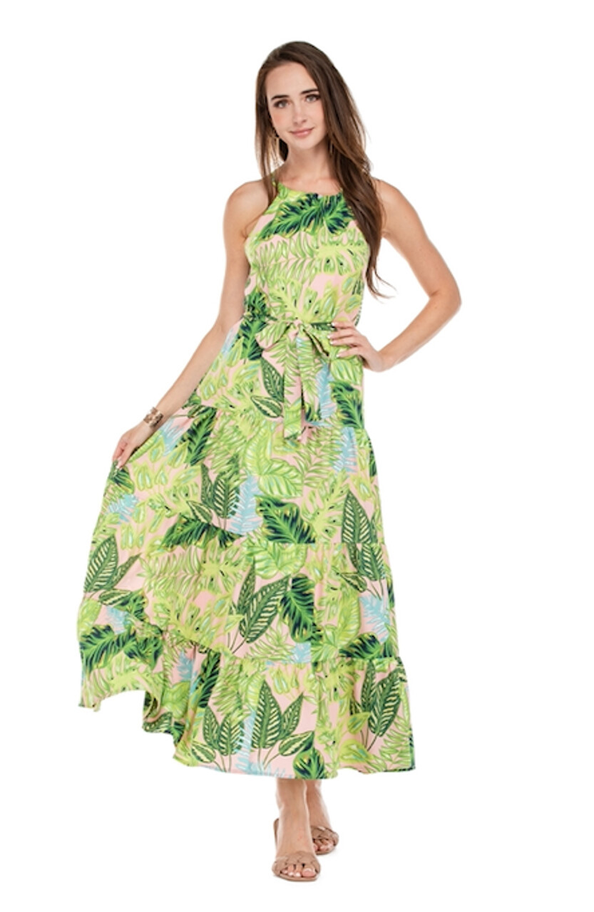 Jade Palm Leaves Tiered Maxi Dress