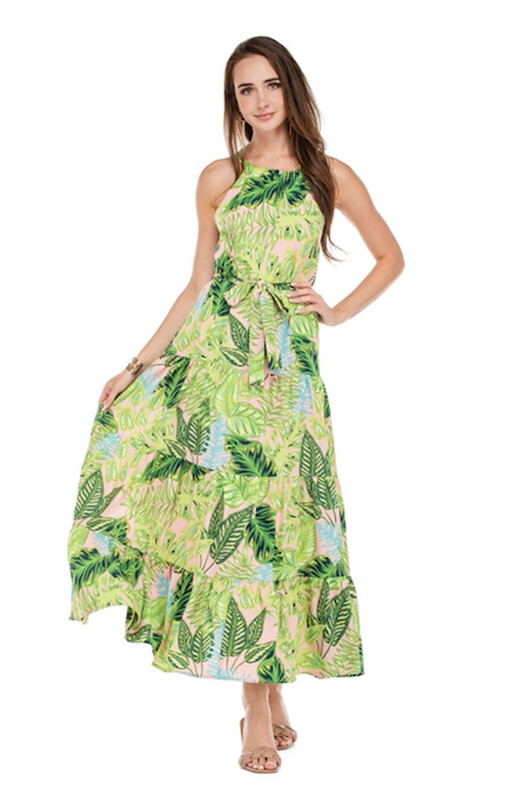 Island Grace Tiered Dress in Loulu Palm Leaf Print