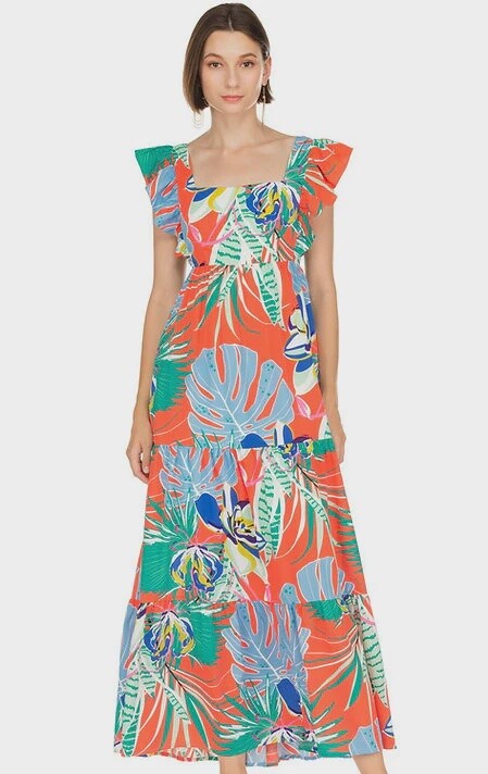 Jade Square Neck Primary Forest Maxi Dress