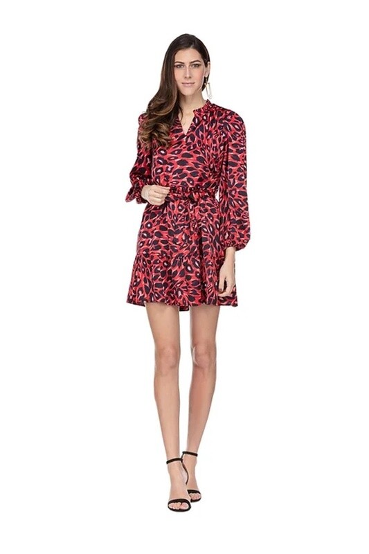 Jade Red Leopard Ruffle Neck Long Sleeve Tiered Dress