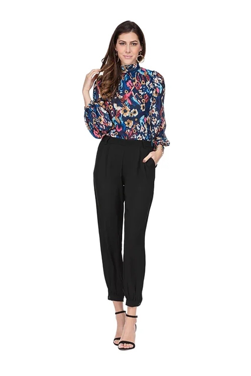 Jade Cinched Mock Neck Blouse  Multi Abstract