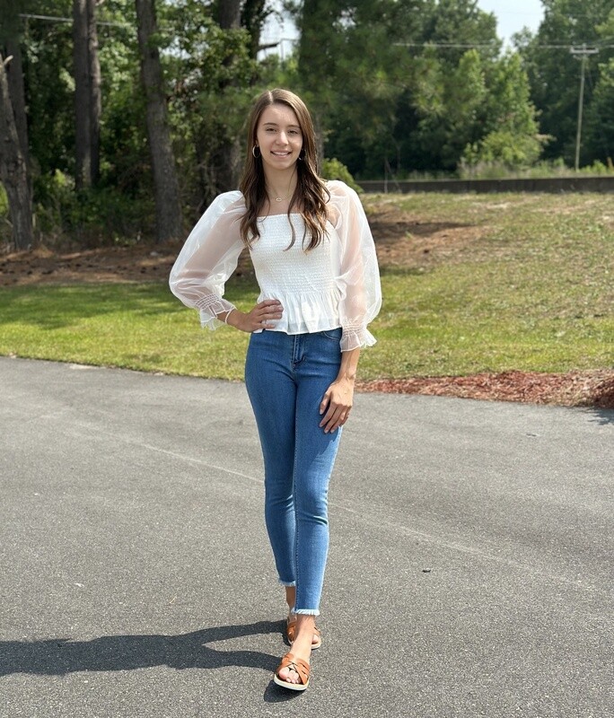 JOY JOY White Smocked Top With Mesh Puffed sleeves