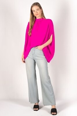 Crepe Mock Neck Top, Colour: Hot Pink, Size: Small