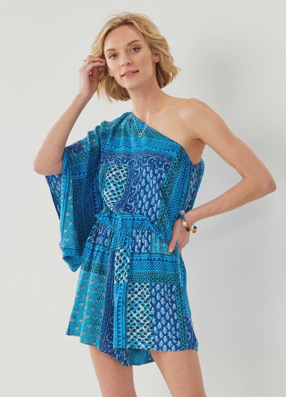 Charlie Paige Blue Patchwork One Shoulder Bloomers