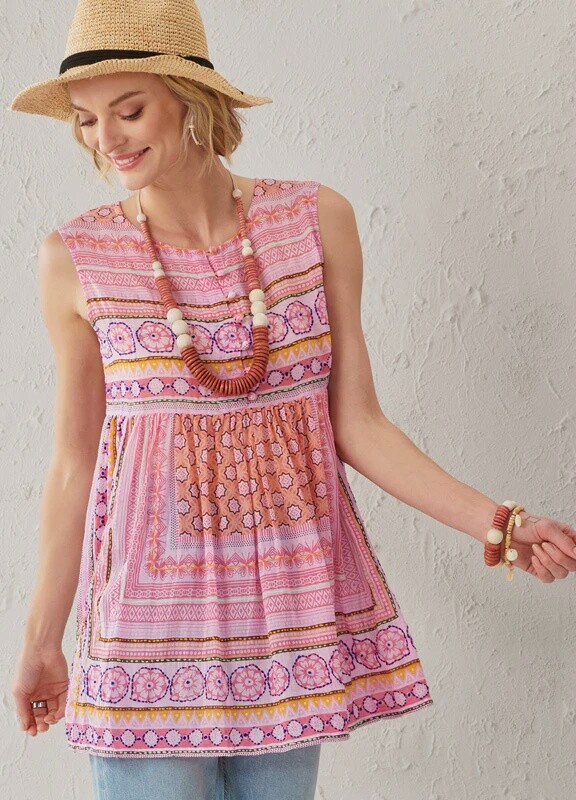 Charlie Paige Anneliese Boho Embroidered Baby Doll Tank, Colour: Pink, Size: Small/Medium
