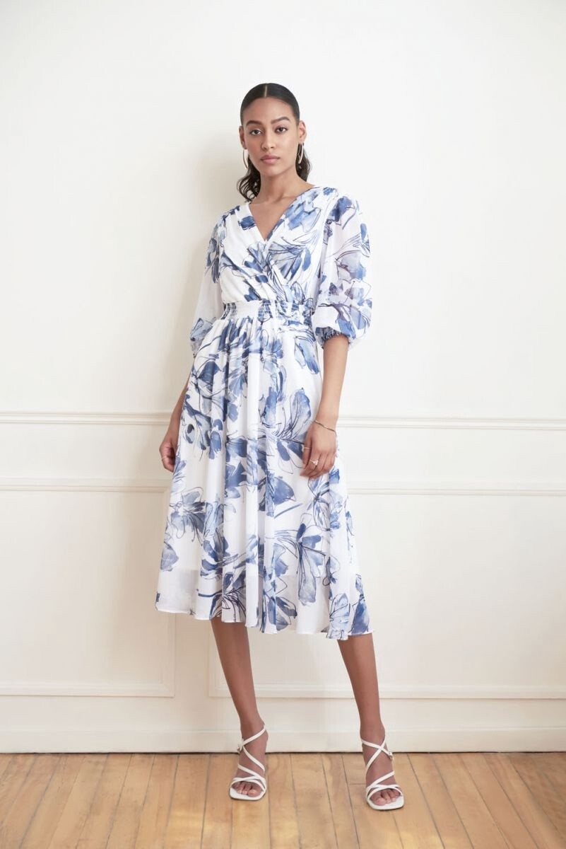 Joseph Ribkoff Blue Vanilla Wrapped Floral Dress
