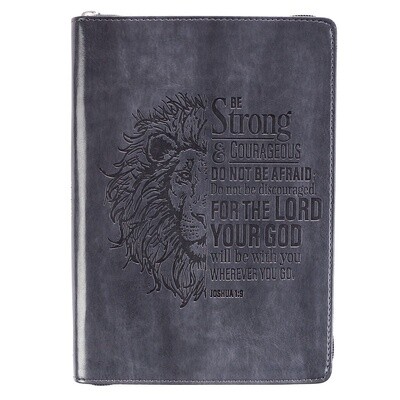 Christian Art Gifts Be Strong and Courageous Classic Gray Faux Leather Journal with Zipper Closure