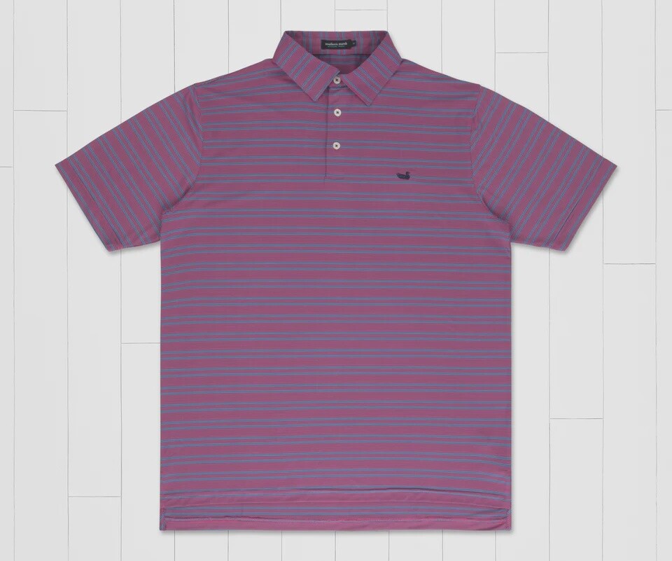 Southern Marsh Bermuda Performance Polo Naples Stripe Blue and Strawberry Fizz
