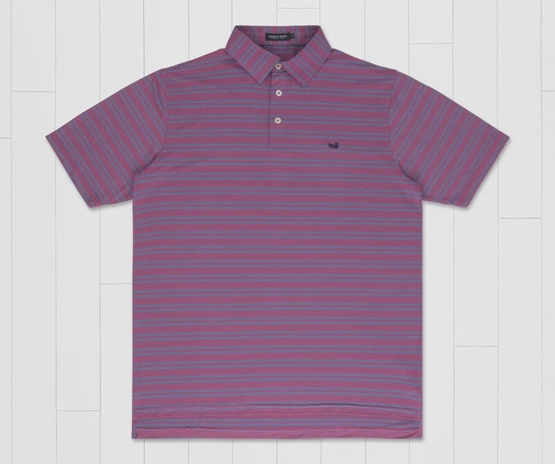 Southern Marsh Bermuda Performance Polo Naples Stripe Blue and Strawberry Fizz