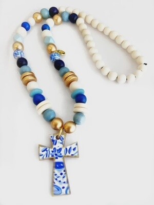 Audra Style Blue and White Cross Pendant Beaded Necklace