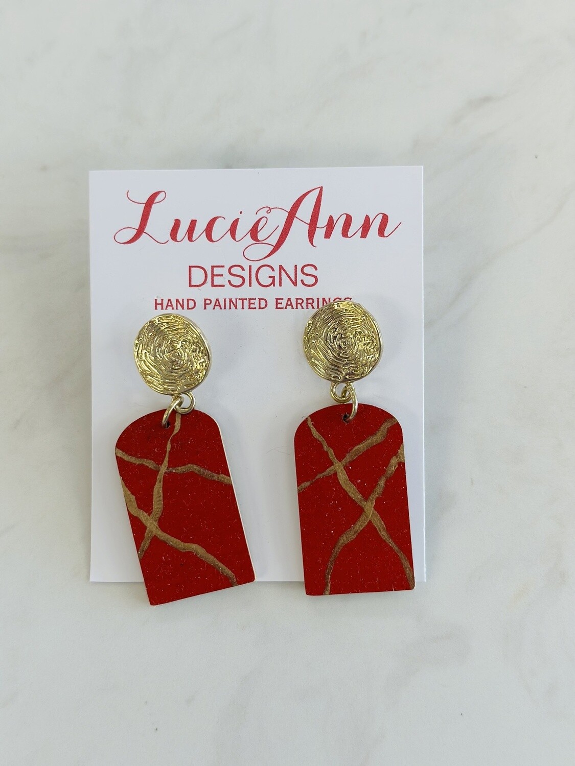 Lucie Ann Arch Leather Earrings with Hammered Gold, Pattern: Red Criss Cross