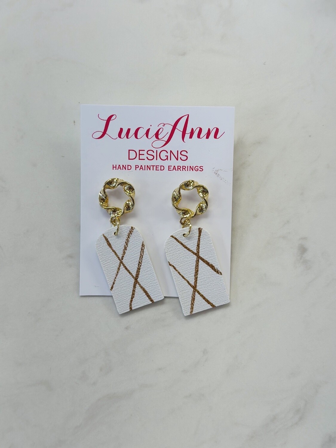 Lucie Ann Arch Leather Earring with Twisted Gold, Colour: White Criss Cross