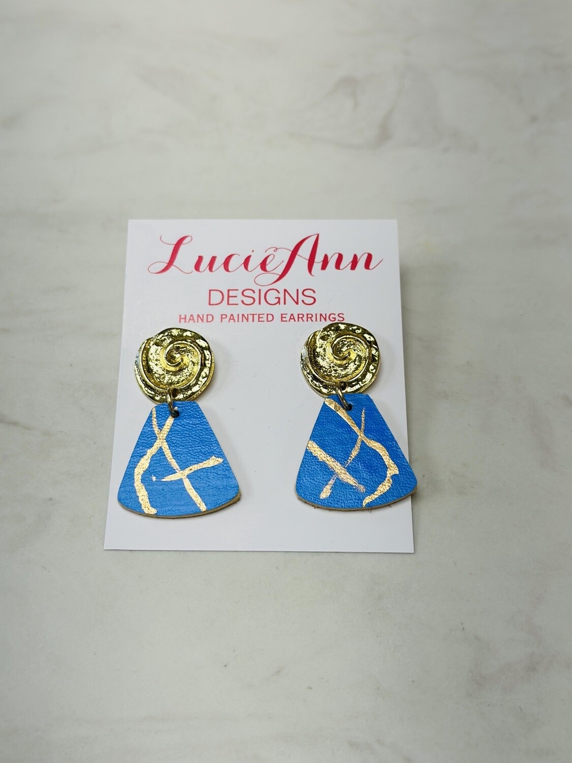 Lucie Ann  Pyramid Earrings with Gold Swirls, Pattern: Light Blue Criss Cross