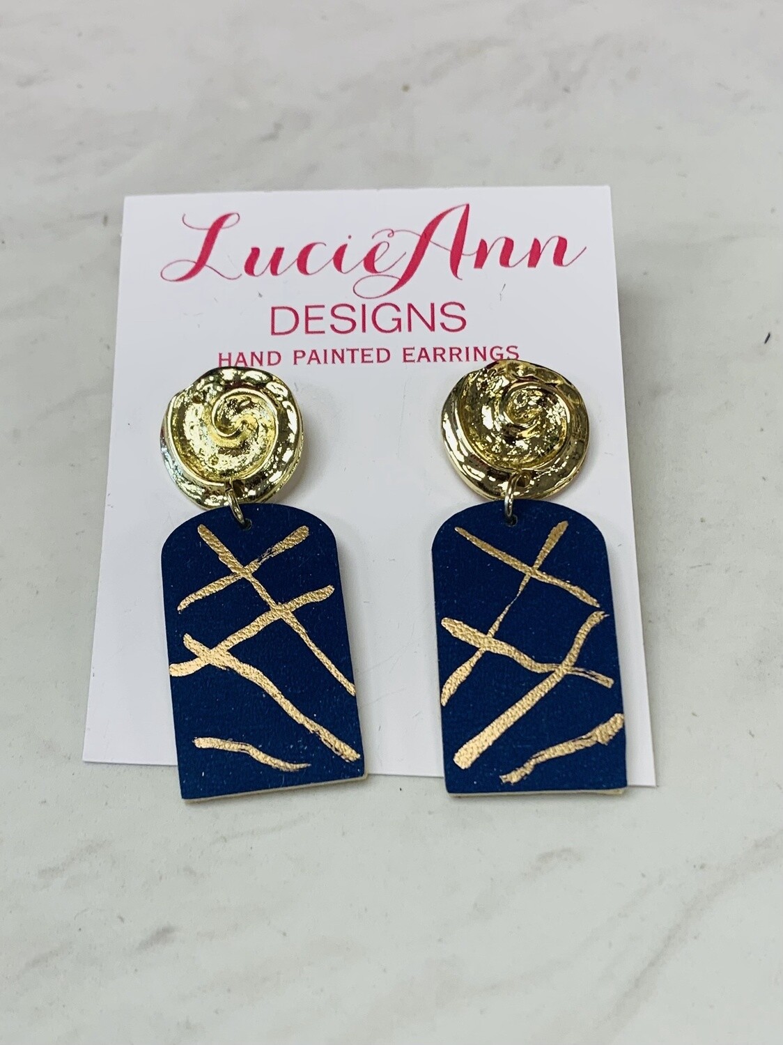 Lucie Ann Arched Leather Earrings with Gold Swirls, Pattern: Navy Criss Cross