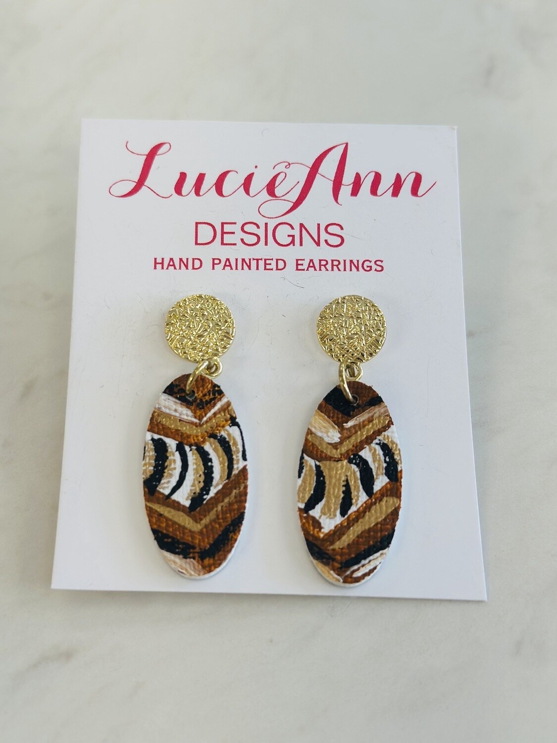 Lucie Ann Oval Leather Earrings with Crinkled Gold, Pattern: Neutral Zebra Print