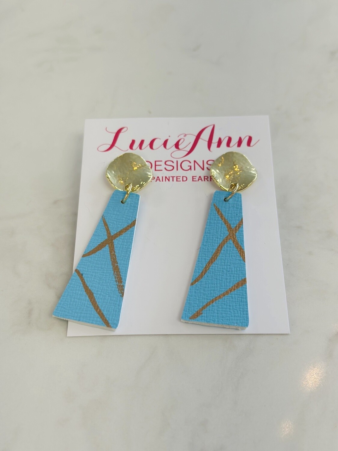 Lucie Ann Rectangle Leather Earrings with Solid Top, Pattern: Gold Top with Turquoise Crisscross