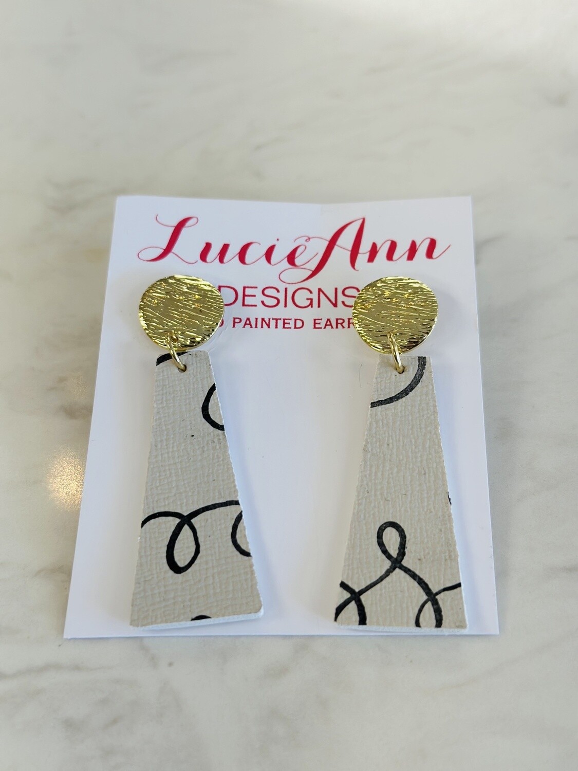 Lucie Ann Rectangle Leather Earrings with Crinkled Gold Top, Pattern: White and Black Swirls