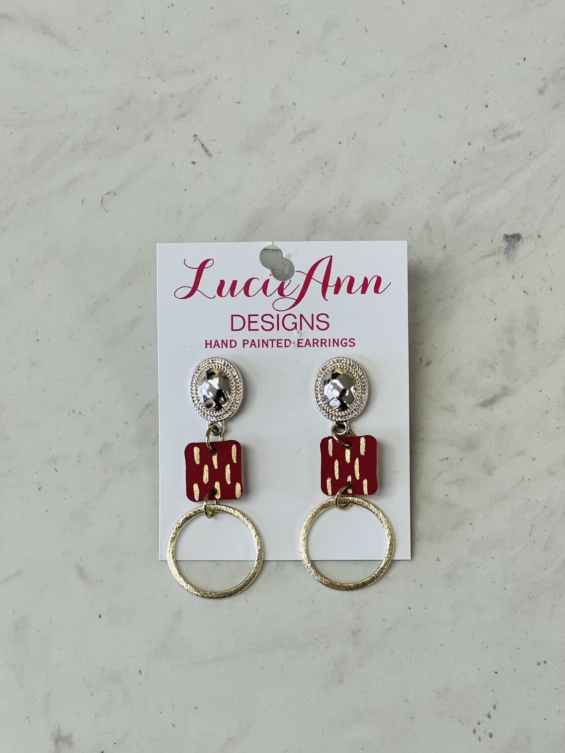 Lucie Ann Square Leather Earrings with smooth Gold Center and Gold Circle Bottoms