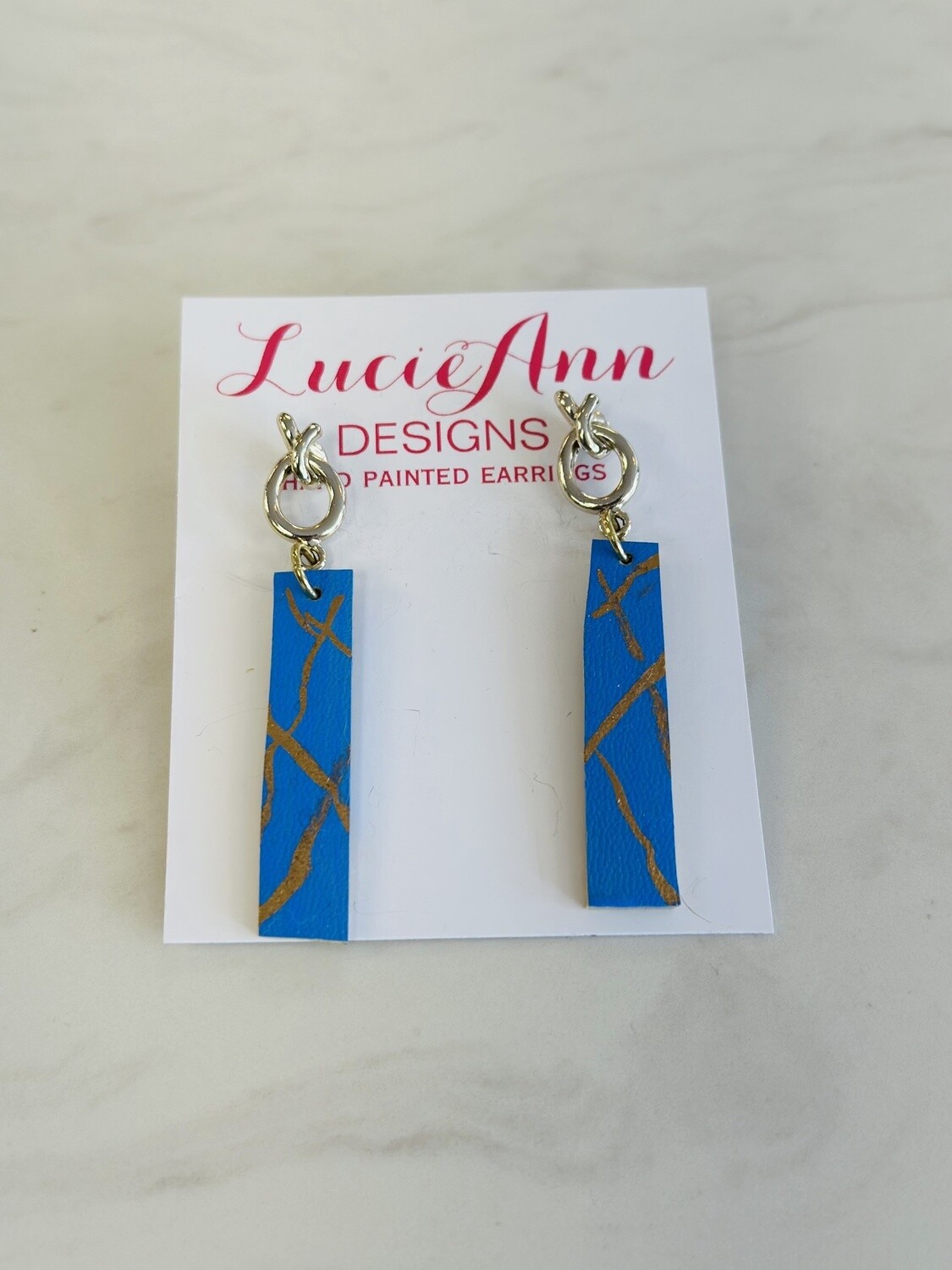 Lucie Ann Mini Rectangle Leather Earring with Knotted Gold, Pattern: Ocean Blue CrissCross