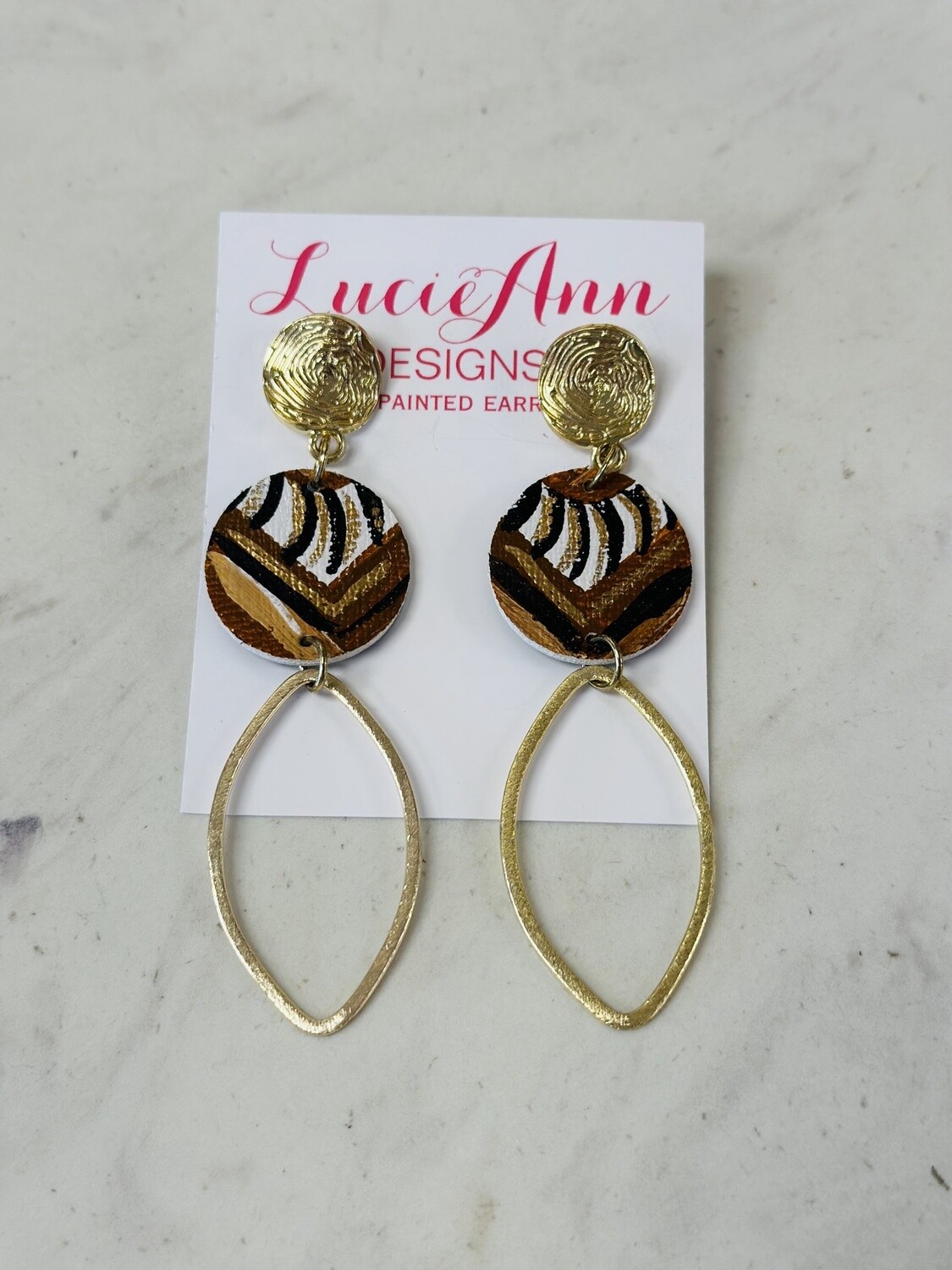 Lucie Ann Circle Leather Earrings with Crinkled Gold Top and Oval Bottom, Pattern: Brown Zebra Pattern