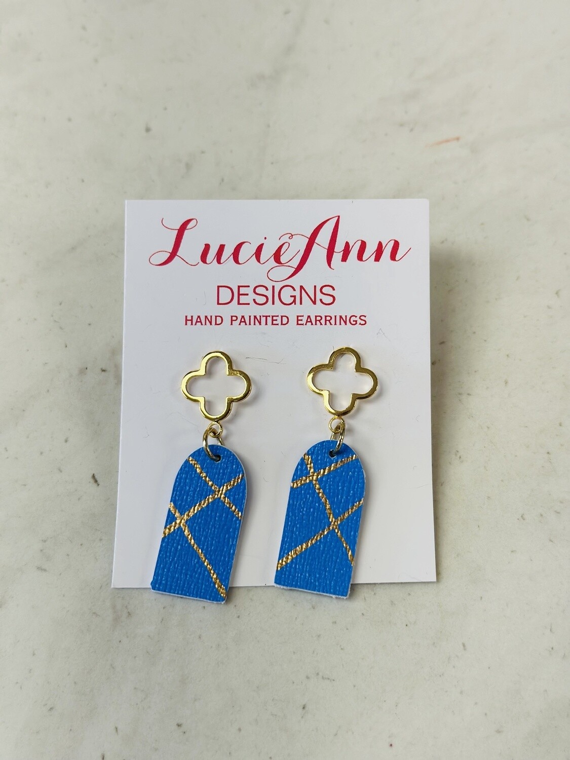 Lucie Ann Mini Arch Leather Earrings with Gold Spade Top, Pattern: Ocean Blue CrissCross