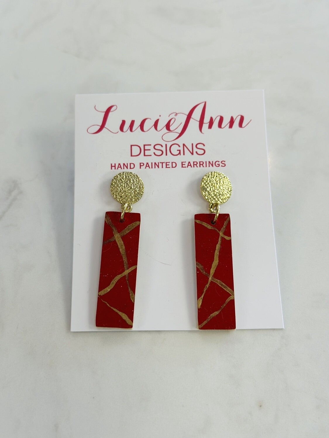 Lucie Ann Mini Rectangle Leather Earrings with Crinkled Gold Top, Pattern: Red CrissCross