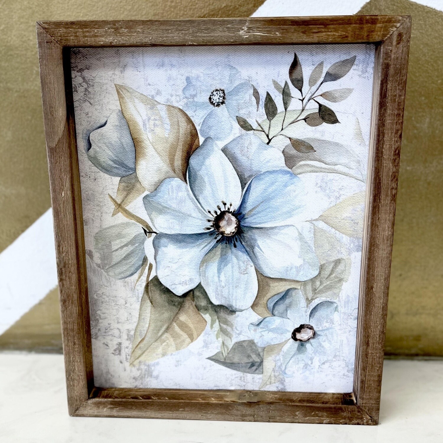 Wooden Frame Floral Artwork, Colour: Light Blue
