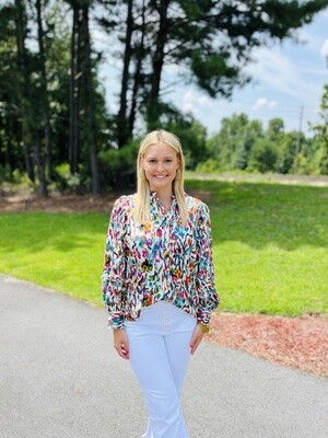 Jade Button Down Blouse With Pleated Sleeve