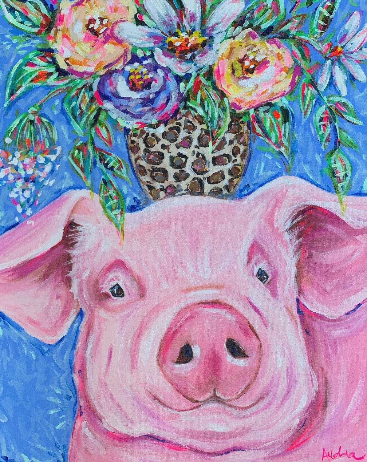 Audra Style Pig with Leopard Bouquet Print 11x14