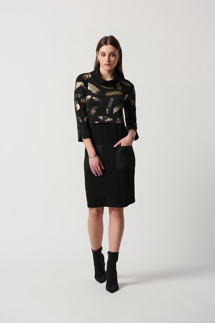 Joseph Ribkoff Abstract Foil Print Cowl Collar Coccon Dress